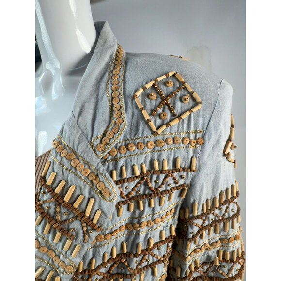 Sandy Starkman Chambray Embroidered Wood Beaded Cotton Jacket Vintage Size Large - Picture 4 of 16